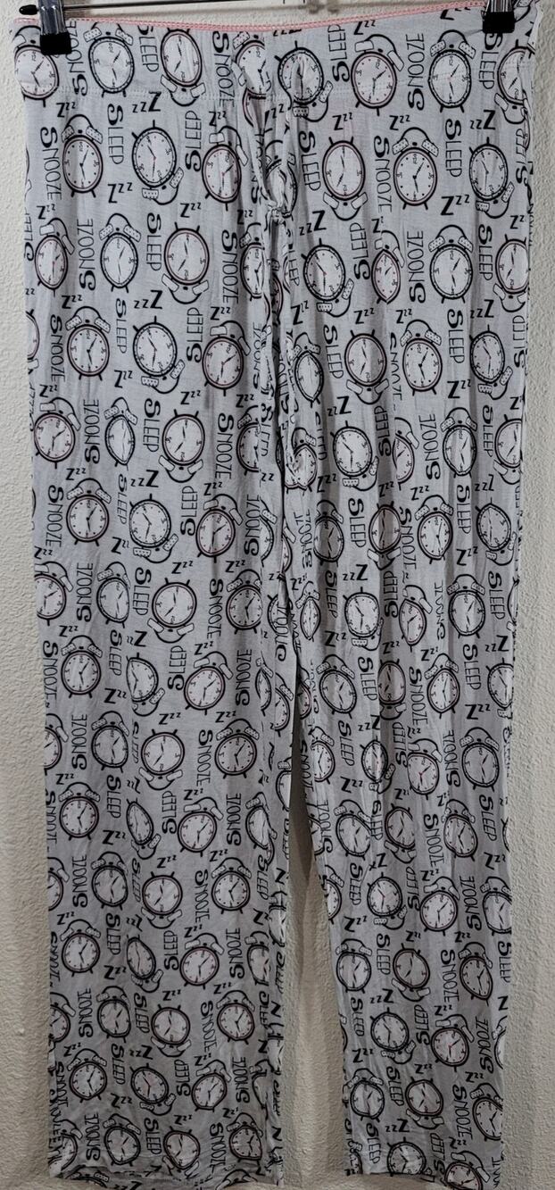 Isaac Mizrahi Gray Black Pink Clock Print PJ Bottoms Medium Lightweight Soft